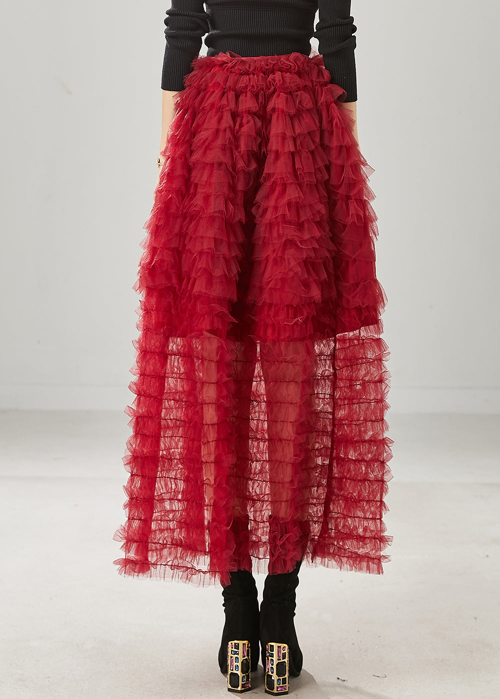 Bohemian Red Ruffled Tulle Skirt Summer YU1013 Ada Fashion