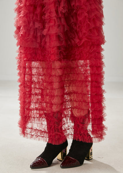 Bohemian Red Ruffled Tulle Skirt Summer YU1013 Ada Fashion