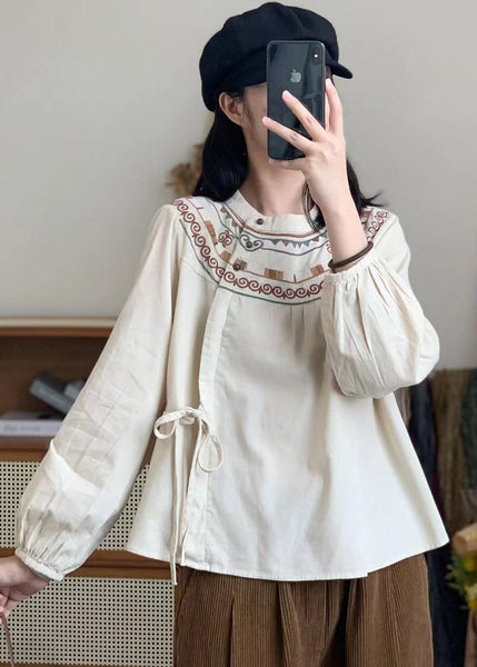 Bohemian Retro White Embroidered Lace Up Corduroy Shirt Spring WW1002 Ada Fashion