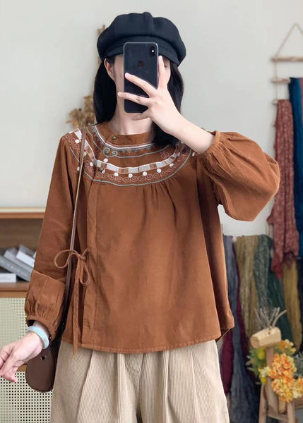 Bohemian Retro White Embroidered Lace Up Corduroy Shirt Spring WW1002 Ada Fashion