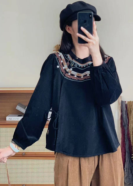 Bohemian Retro White Embroidered Lace Up Corduroy Shirt Spring WW1002 Ada Fashion