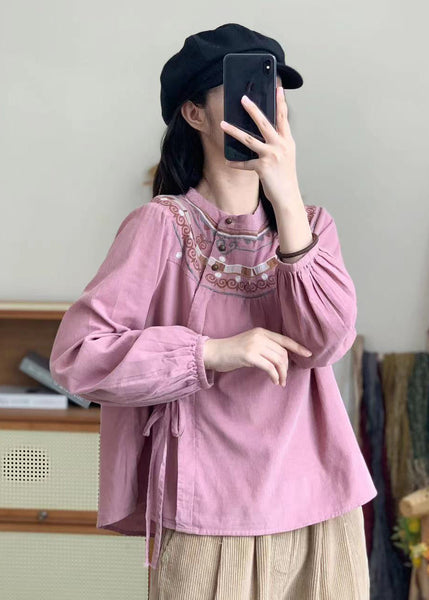 Bohemian Retro White Embroidered Lace Up Corduroy Shirt Spring WW1002 Ada Fashion