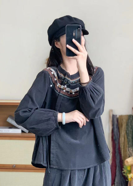 Bohemian Retro White Embroidered Lace Up Corduroy Shirt Spring WW1002 Ada Fashion