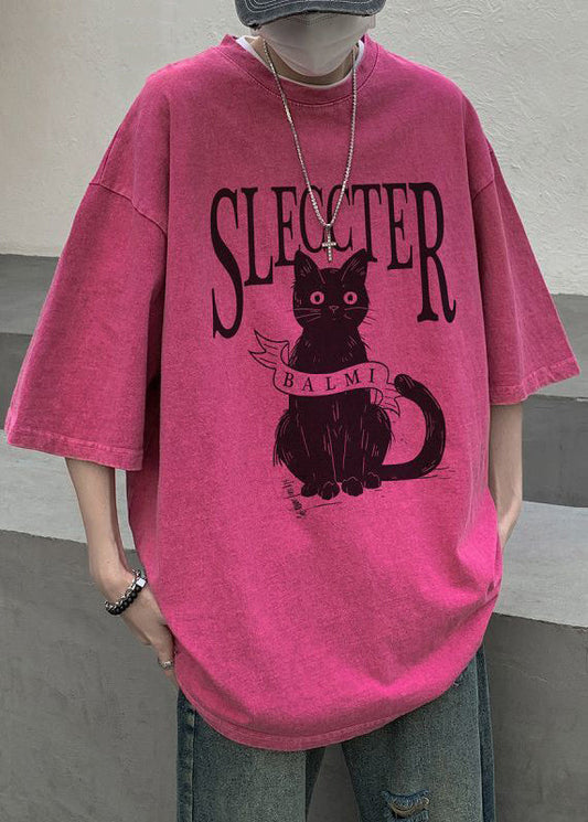Oversized Bohemian Rose Cotton Cats T Shirt Mens Letter Half FashionChic