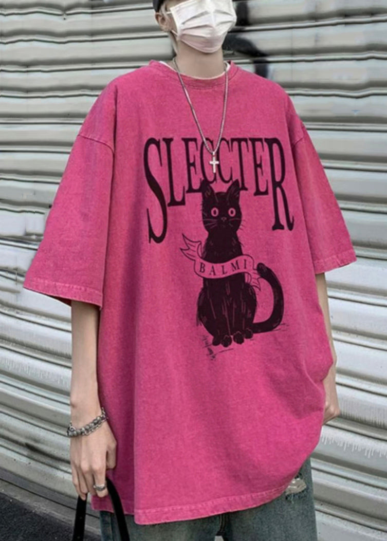 Oversized Bohemian Rose Cotton Cats T Shirt Mens Letter Half FashionChic