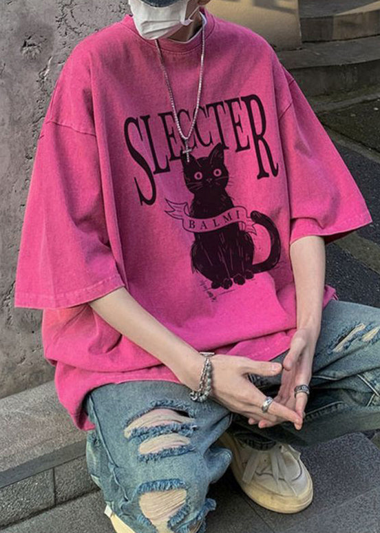 Oversized Bohemian Rose Cotton Cats T Shirt Mens Letter Half FashionChic
