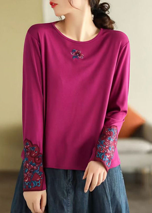 Bohemian Rose O Neck Embroidered Cotton T Shirts Spring TN001 ABC