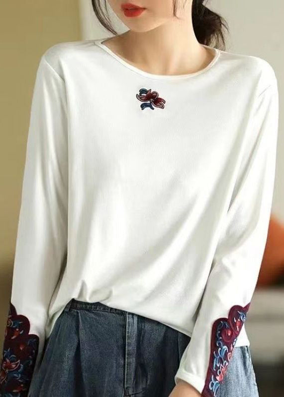 Bohemian Rose O Neck Embroidered Cotton T Shirts Spring TN001 ABC