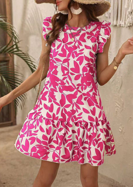 Rose Cotton Bohemian Neck Sleeve Mid Print Dress Butterfly O FashionChic