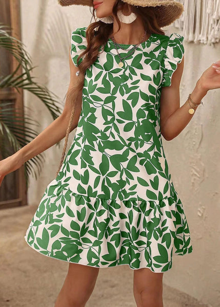 Rose Cotton Bohemian Neck Sleeve Mid Print Dress Butterfly O FashionChic