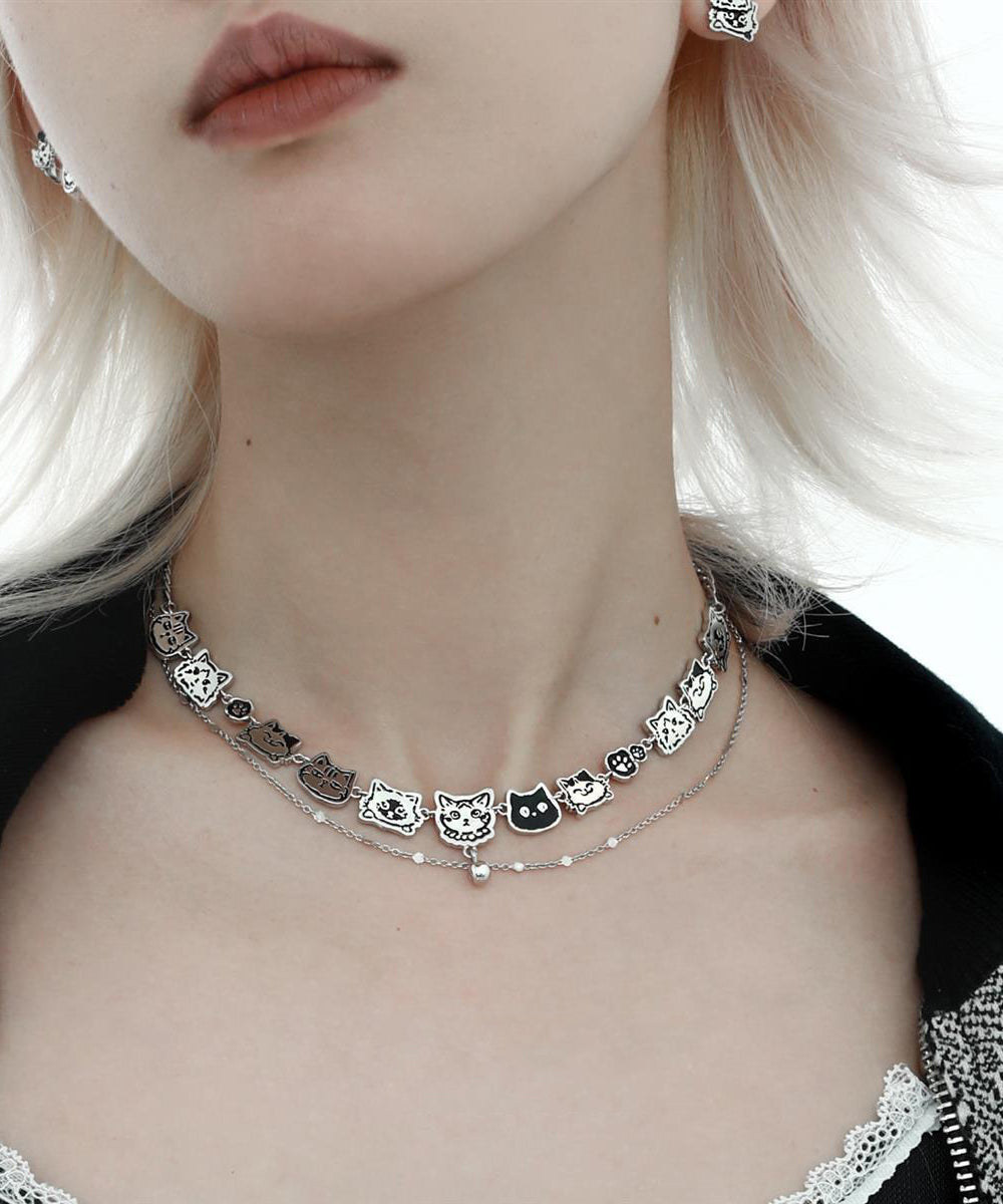 Bohemian Stainless Steel Silk Cat Necklace Double-Layer Graffiti FashionChic