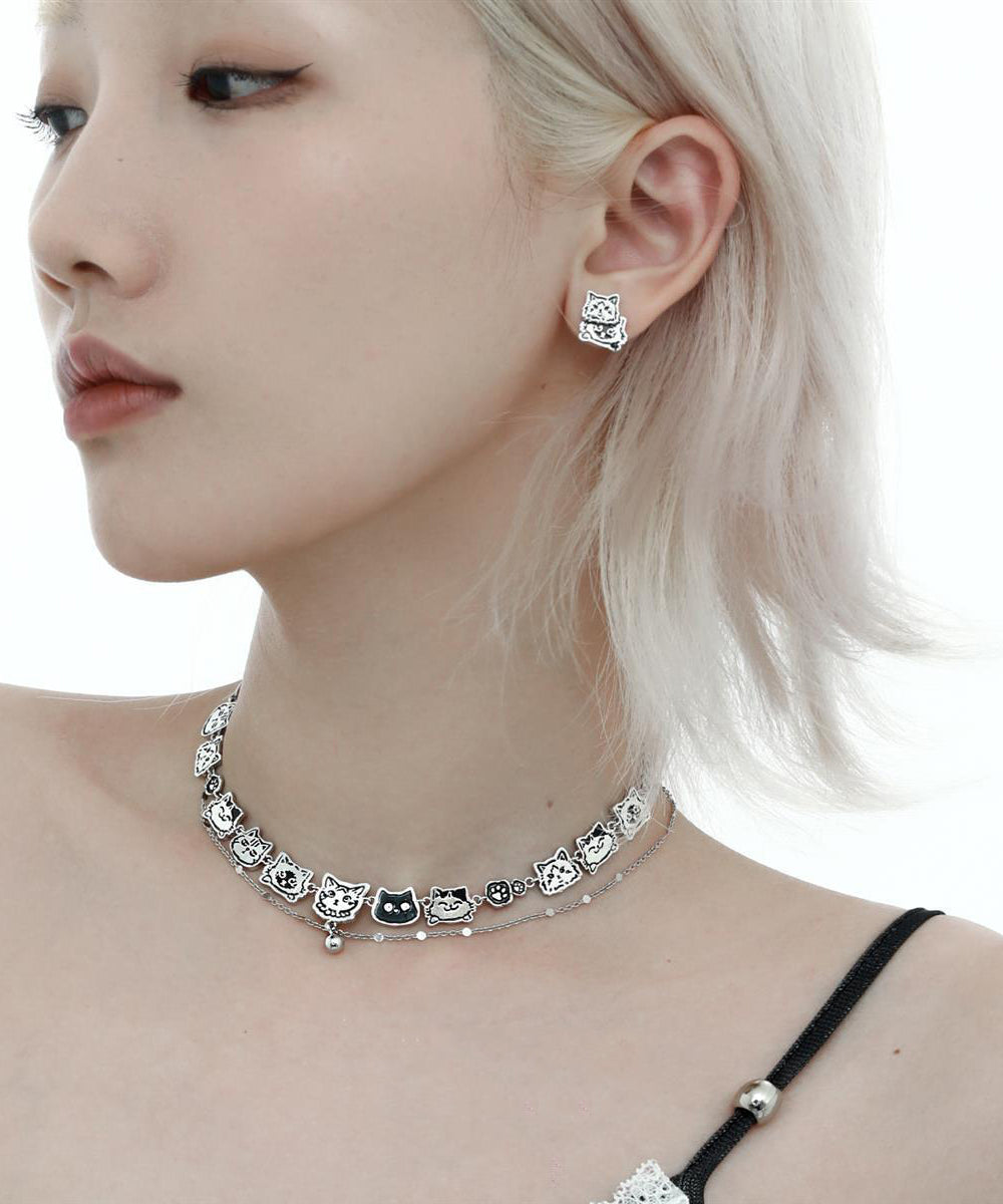 Bohemian Stainless Steel Silk Cat Necklace Double-Layer Graffiti FashionChic