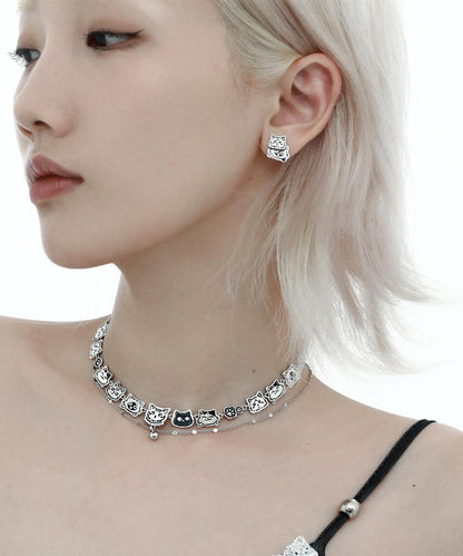 Bohemian Stainless Steel Silk Cat Necklace Double-Layer Graffiti FashionChic