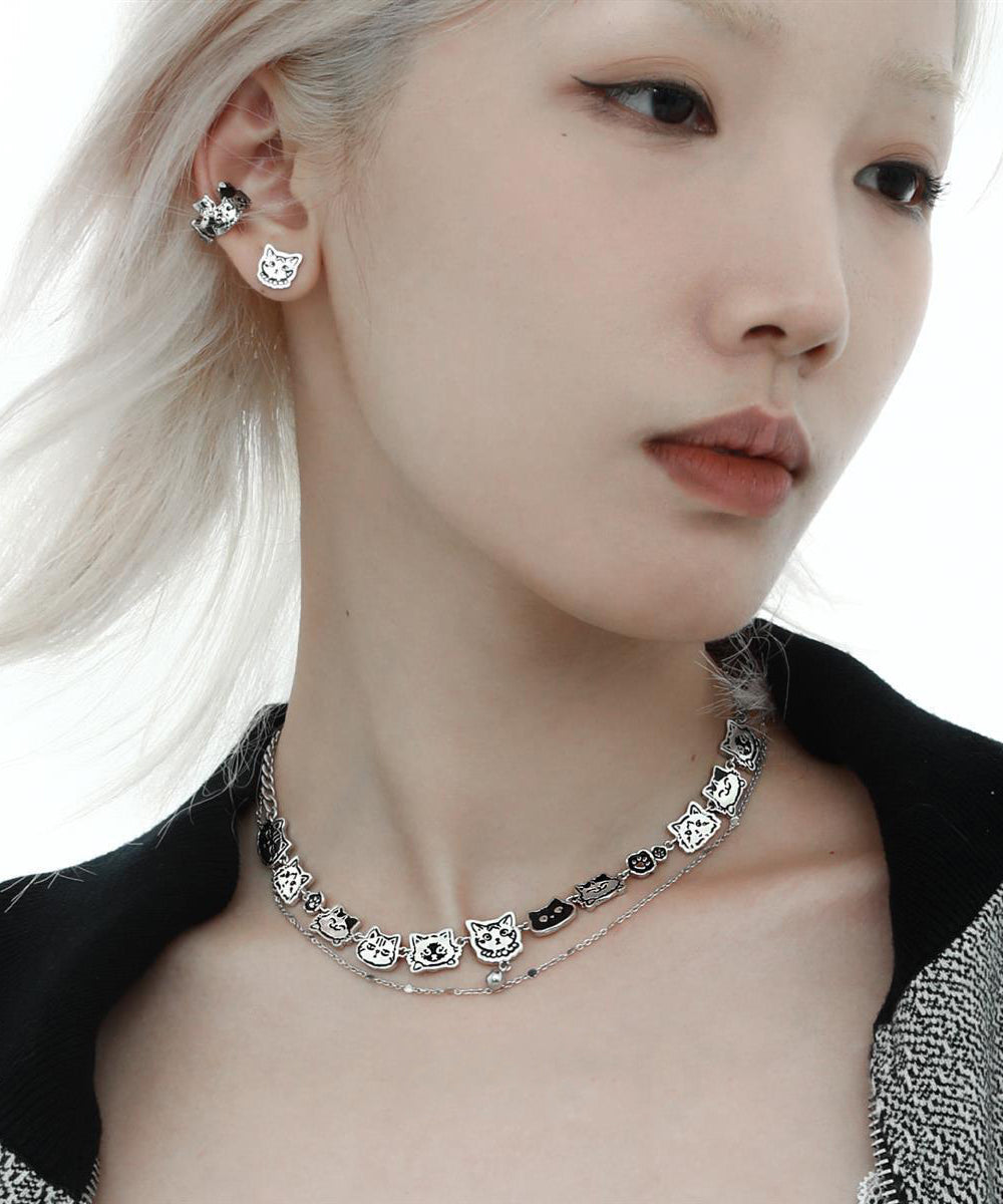Bohemian Stainless Steel Silk Cat Necklace Double-Layer Graffiti FashionChic