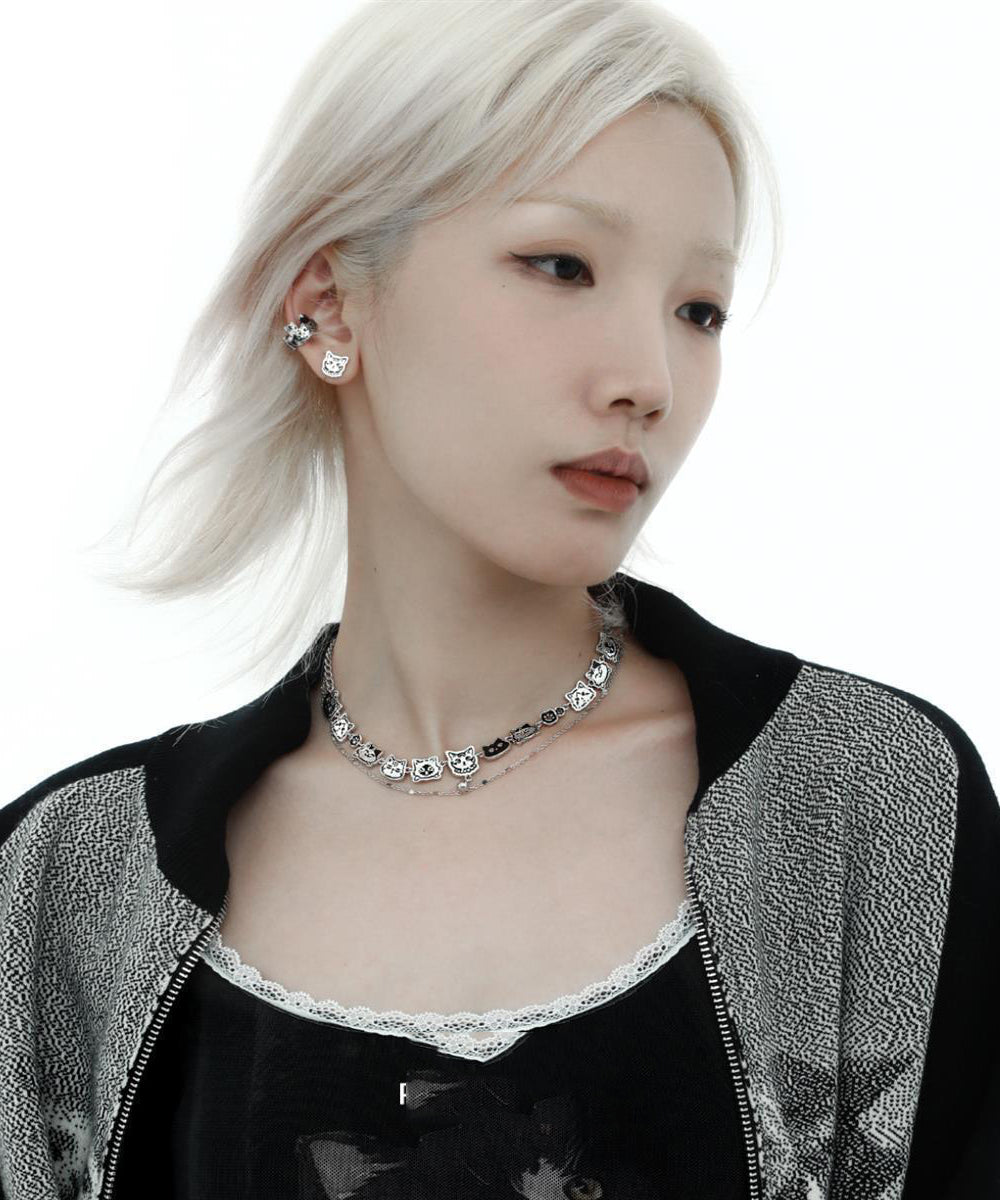 Bohemian Stainless Steel Silk Cat Necklace Double-Layer Graffiti FashionChic