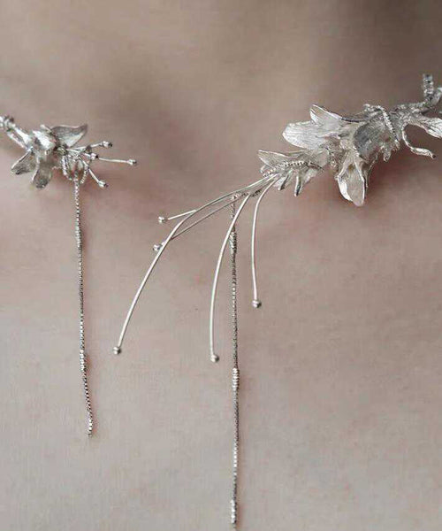 Bohemian Silk Sterling Silver Floral Tassel Choker PO030 JEW-NLC240729