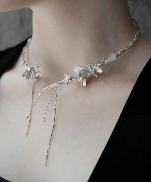 Bohemian Silk Sterling Silver Floral Tassel Choker PO030 JEW-NLC240729