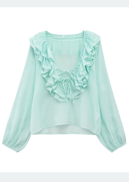 Shirt Bohemian Blue Sky Cotton Ruffled Tops Summer FashionChic