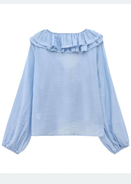 Shirt Bohemian Blue Sky Cotton Ruffled Tops Summer FashionChic