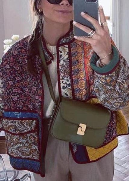 Bohemian Stand Collar Print Loose Fine Cotton Filled Jacket Spring TZ042