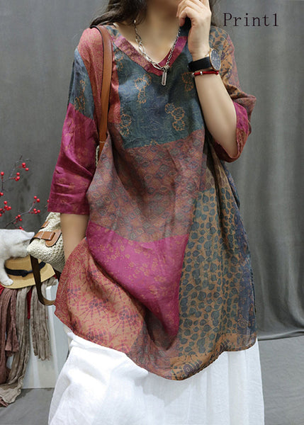 Bohemian V Neck Print Cotton Mid Shirts Half Sleeve AP057 GK-LTP240718