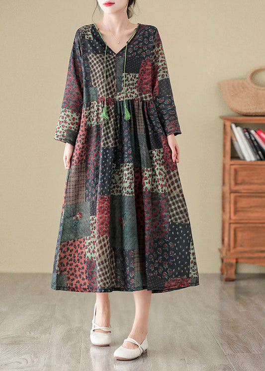 Bohemian V Neck Print Patchwork Cotton Long Dress Fall QO043 OM-ZS241008