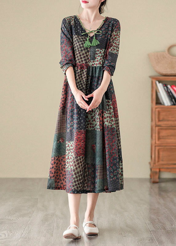 Bohemian V Neck Print Patchwork Cotton Long Dress Fall QO043 OM-ZS241008