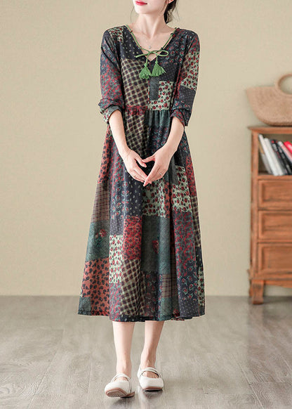 Bohemian V Neck Print Patchwork Cotton Long Dress Fall QO043 OM-ZS241008