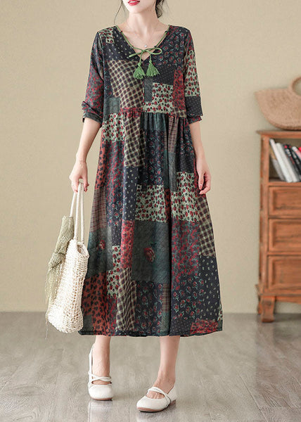 Bohemian V Neck Print Patchwork Cotton Long Dress Fall QO043 OM-ZS241008