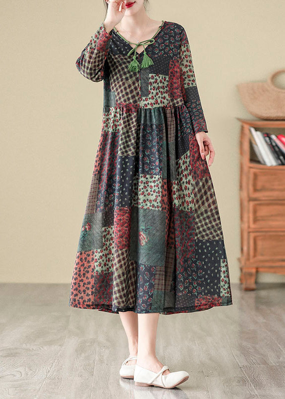 Bohemian V Neck Print Patchwork Cotton Long Dress Fall QO043 OM-ZS241008