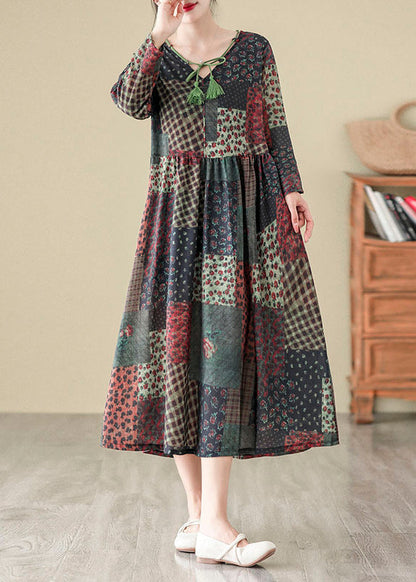 Bohemian V Neck Print Patchwork Cotton Long Dress Fall QO043 OM-ZS241008