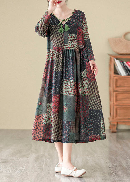 Bohemian V Neck Print Patchwork Cotton Long Dress Fall QO043 OM-ZS241008