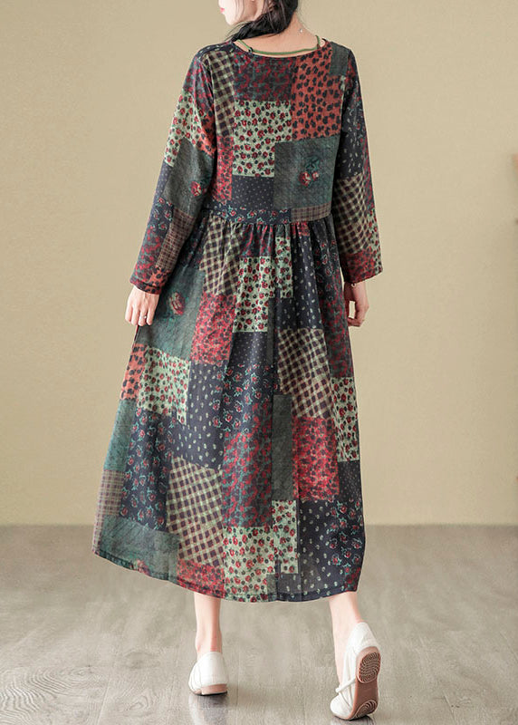 Bohemian V Neck Print Patchwork Cotton Long Dress Fall QO043 OM-ZS241008