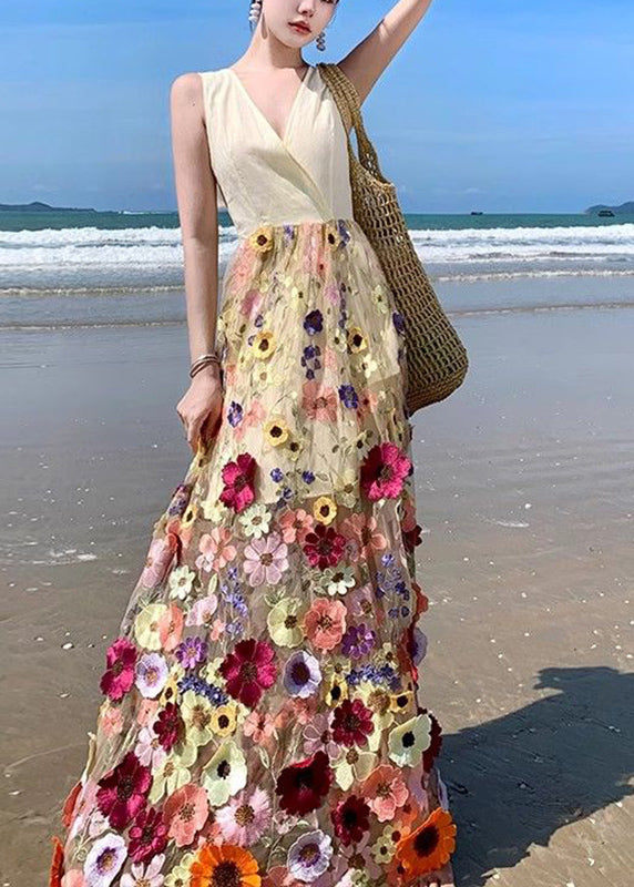 Bohemian V Neck Tulle Embroidered Patchwork Floral Tulle Maxi Dress Summer UU1024 SH-LF-SDL240526