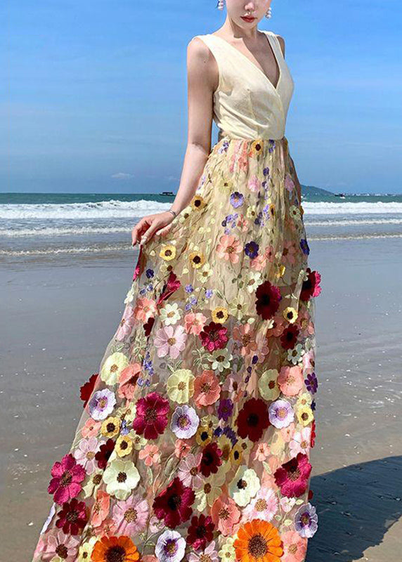 Bohemian V Neck Tulle Embroidered Patchwork Floral Tulle Maxi Dress Summer UU1024 SH-LF-SDL240526