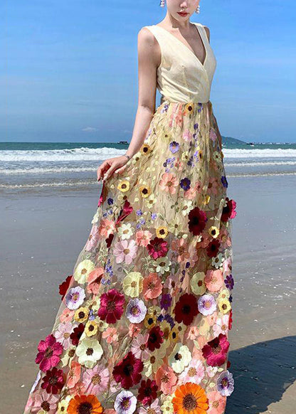 Bohemian V Neck Tulle Embroidered Patchwork Floral Tulle Maxi Dress Summer UU1024 SH-LF-SDL240526