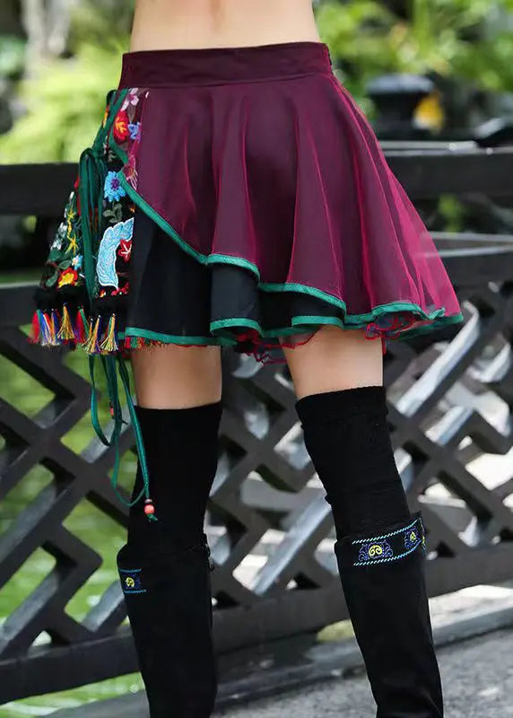Bohemian Vintage Embroidered Asymmetrical Tulle Short Skirts Summer HA1004 Ada Fashion