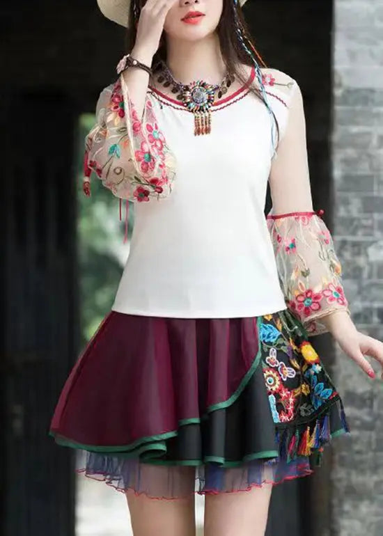 Bohemian Vintage Embroidered Asymmetrical Tulle Short Skirts Summer HA1004 Ada Fashion