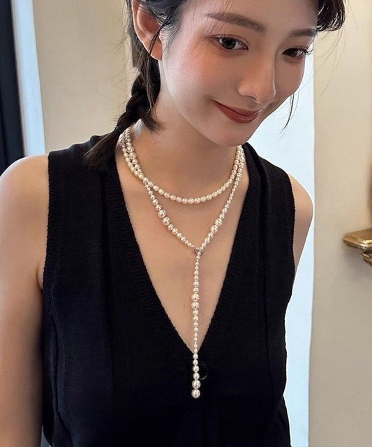 Beading Alloy Bohemian Gratuated Bead Pearl Sweater White FashionChic