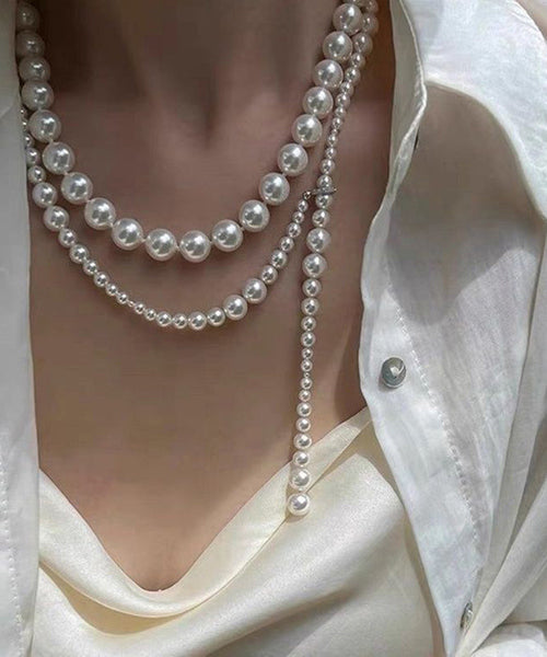 Beading Alloy Bohemian Gratuated Bead Pearl Sweater White FashionChic
