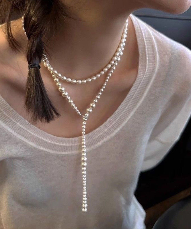 Beading Alloy Bohemian Gratuated Bead Pearl Sweater White FashionChic