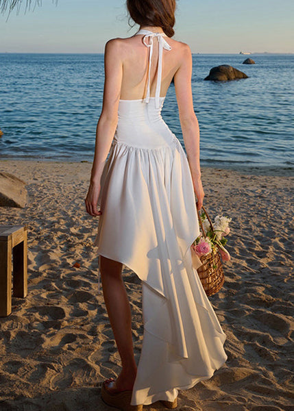 Backless Low White High Bohemian Design Sleeveless Dress Vacation FashionChic