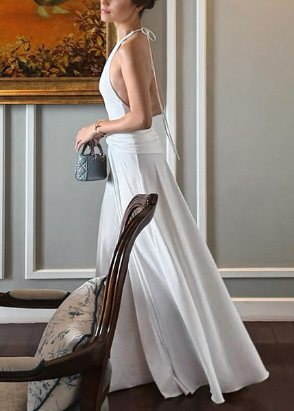 Dress Bohemian Long Up White Lace Backless Cotton Wrinkled FashionChic