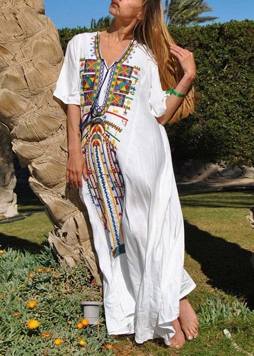 Bohemian White Embroidered Lace Up Cotton Dresses Summer AA1046 Ada Fashion