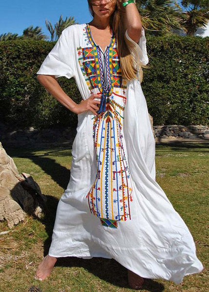 Bohemian White Embroidered Lace Up Cotton Dresses Summer AA1046 Ada Fashion