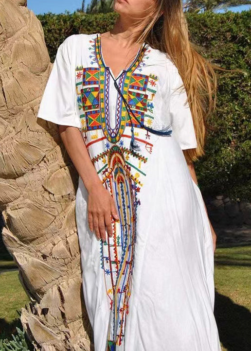 Bohemian White Embroidered Lace Up Cotton Dresses Summer AA1046 Ada Fashion