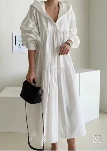 Dresses White Bohemian Lantern Hooded Oversized Maxi Cotton FashionChic