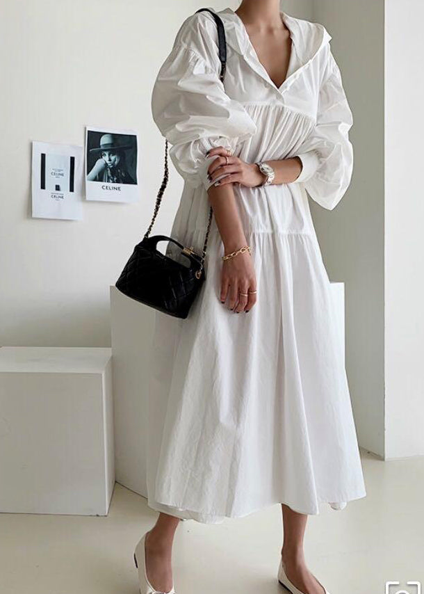 Dresses White Bohemian Lantern Hooded Oversized Maxi Cotton FashionChic
