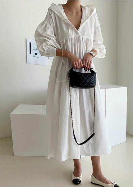 Dresses White Bohemian Lantern Hooded Oversized Maxi Cotton FashionChic