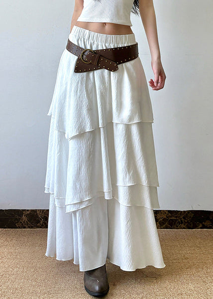 Skirts Waist Summer Cotton White Layered Solid Elastic Bohemian FashionChic